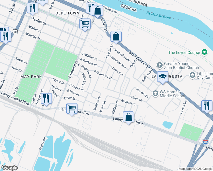 map of restaurants, bars, coffee shops, grocery stores, and more near 711 Albany Avenue in Augusta