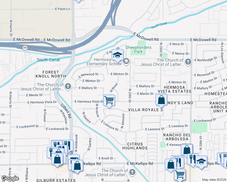 map of restaurants, bars, coffee shops, grocery stores, and more near 2446 North Alamo in Mesa