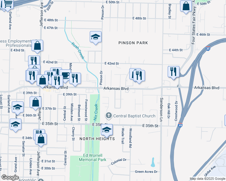 map of restaurants, bars, coffee shops, grocery stores, and more near 5 Meadowview Drive in Texarkana