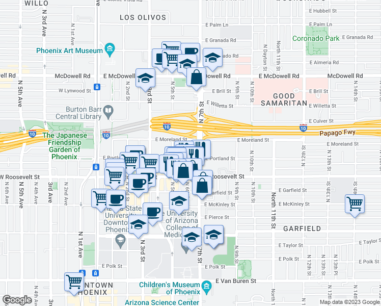 map of restaurants, bars, coffee shops, grocery stores, and more near 522 East Latham Street in Phoenix