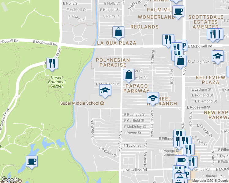 map of restaurants, bars, coffee shops, grocery stores, and more near 6725 East Latham Street in Scottsdale
