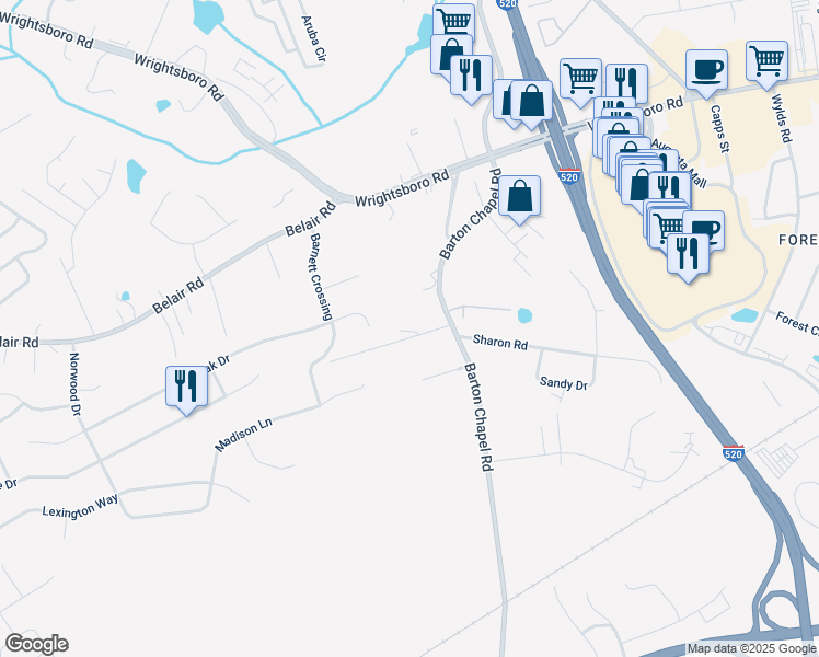 map of restaurants, bars, coffee shops, grocery stores, and more near 2913 Eidson Drive in Augusta