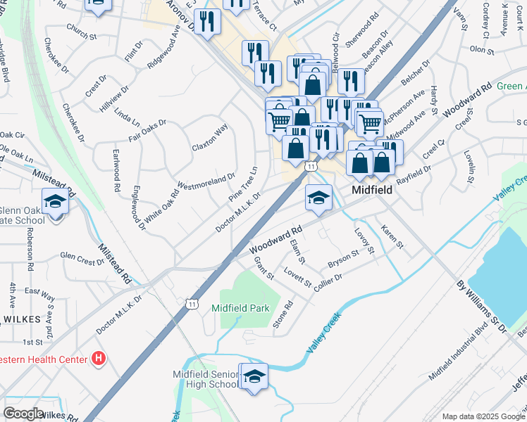 map of restaurants, bars, coffee shops, grocery stores, and more near 322 Birwood Avenue in Midfield