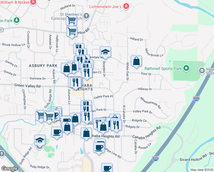 map of restaurants, bars, coffee shops, grocery stores, and more near 3969 Bearden Drive in Vestavia Hills