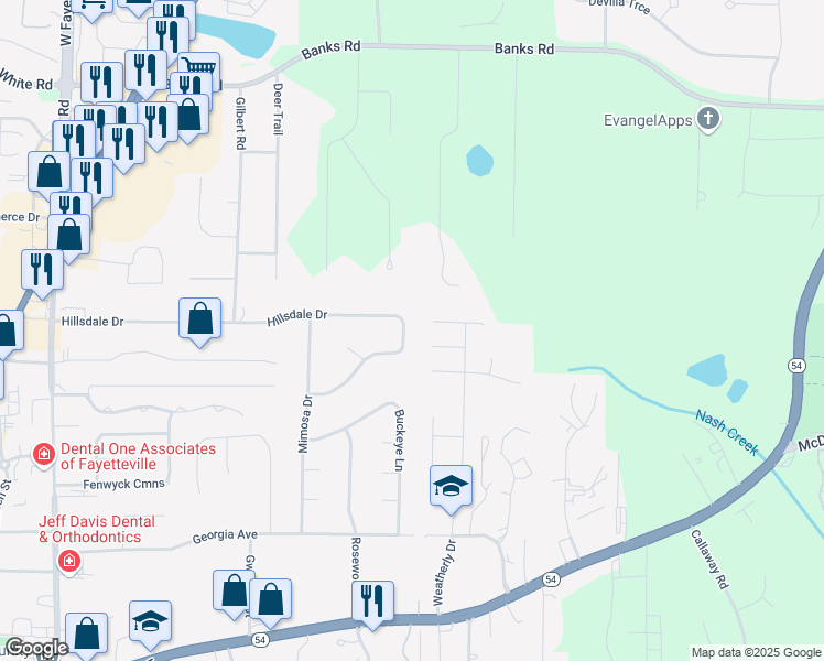 map of restaurants, bars, coffee shops, grocery stores, and more near 430 Hillsdale Drive in Fayetteville