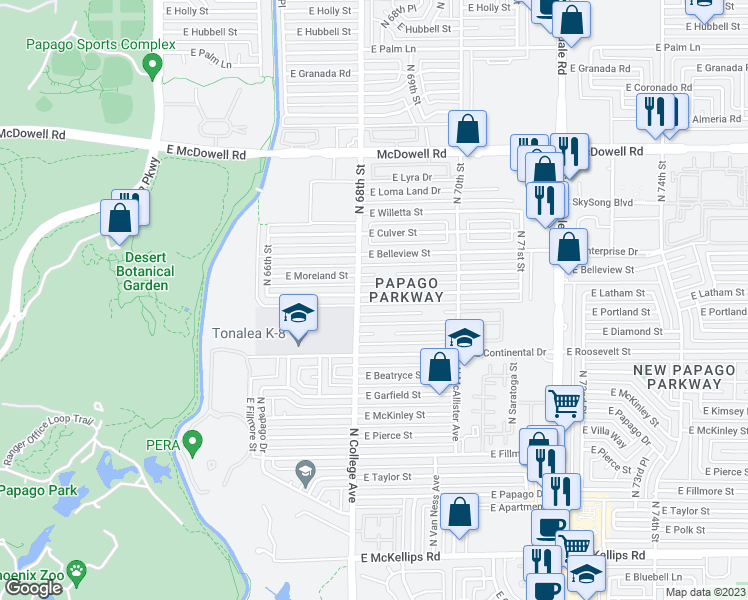 map of restaurants, bars, coffee shops, grocery stores, and more near 6813 East Latham Street in Scottsdale