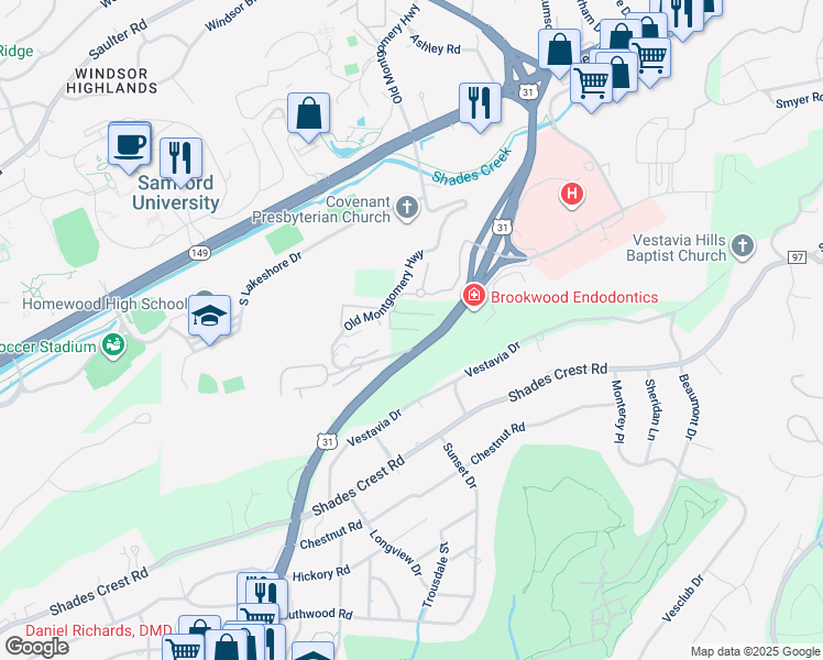 map of restaurants, bars, coffee shops, grocery stores, and more near 2304 Wildridge Circle in Birmingham