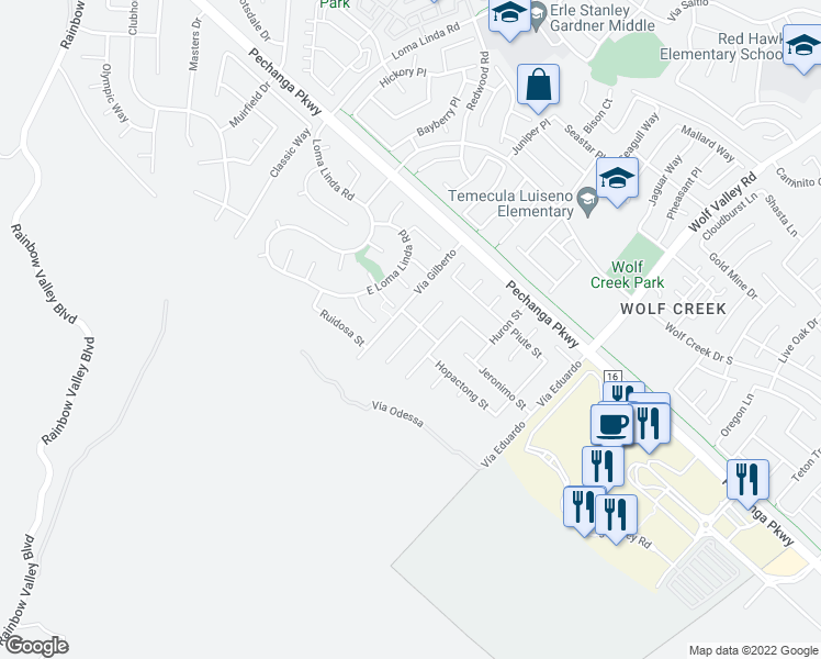 map of restaurants, bars, coffee shops, grocery stores, and more near 31018 Shaba Circle in Temecula