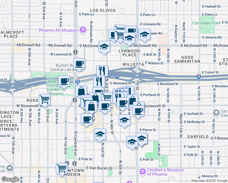 map of restaurants, bars, coffee shops, grocery stores, and more near 320 East Portland Street in Phoenix