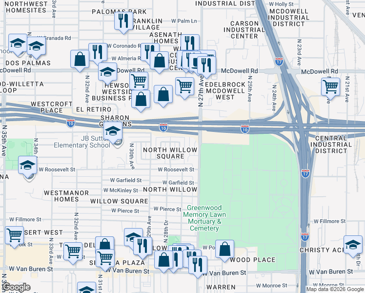 map of restaurants, bars, coffee shops, grocery stores, and more near 1109 North 27th Drive in Phoenix
