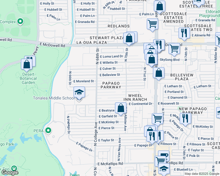 map of restaurants, bars, coffee shops, grocery stores, and more near 6843 East Latham Street in Scottsdale
