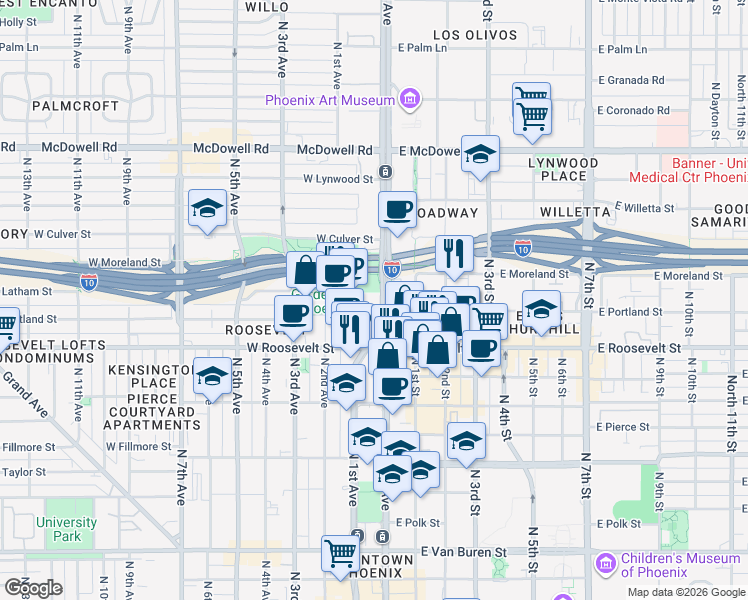 map of restaurants, bars, coffee shops, grocery stores, and more near 1100 North Central Avenue in Phoenix