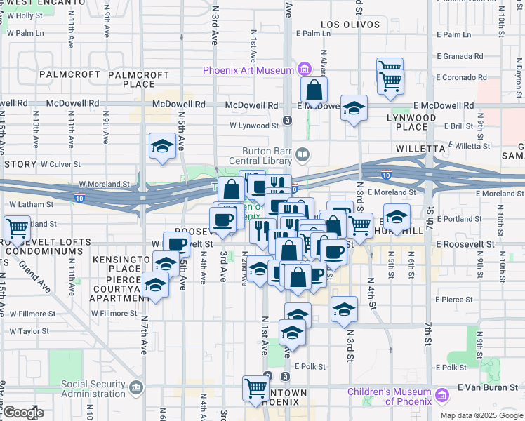 map of restaurants, bars, coffee shops, grocery stores, and more near 200 West Portland Street in Phoenix