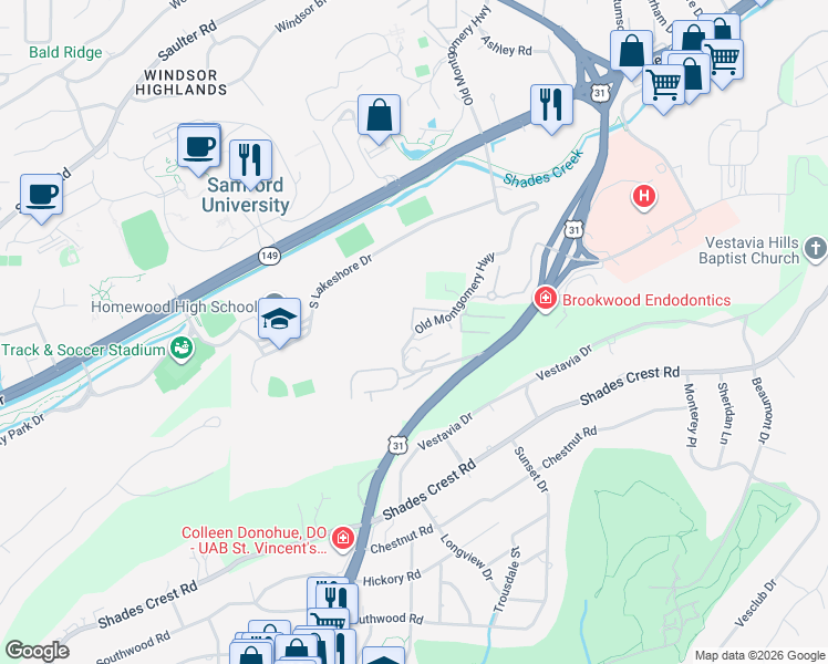 map of restaurants, bars, coffee shops, grocery stores, and more near 1998 Shades Cliff Terrace in Birmingham