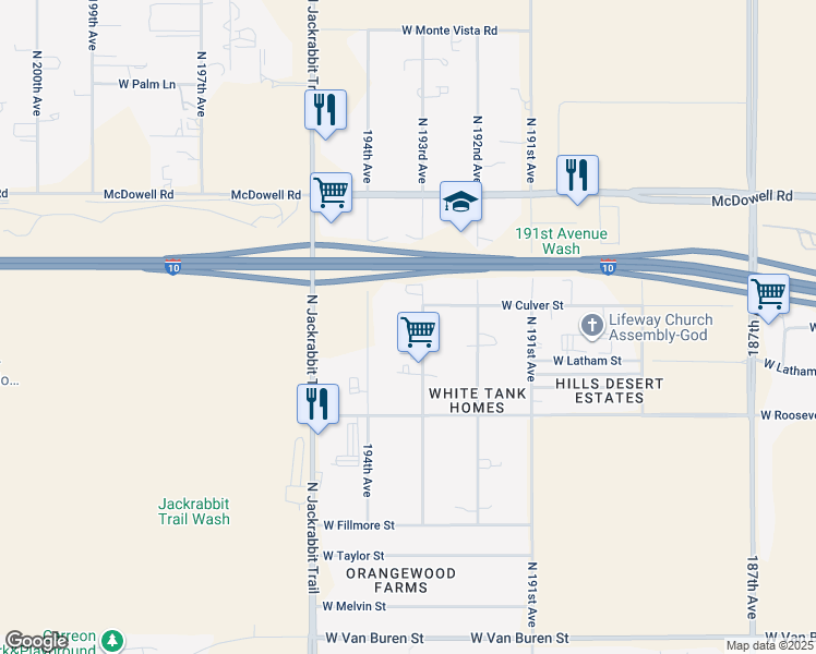 map of restaurants, bars, coffee shops, grocery stores, and more near 1236 North 193rd Avenue in Buckeye