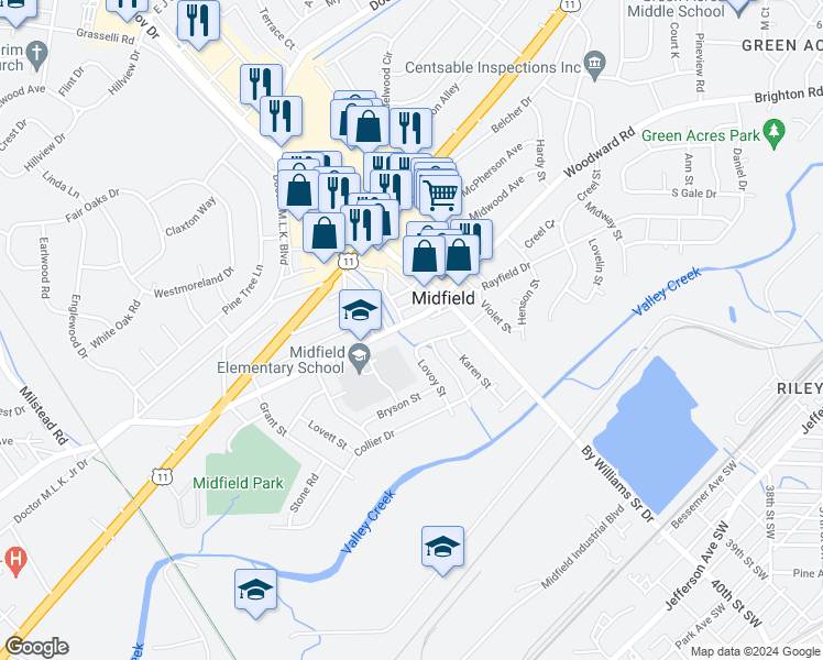 map of restaurants, bars, coffee shops, grocery stores, and more near 122 Woodward Road in Birmingham