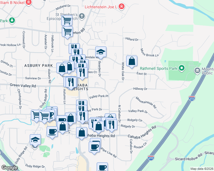 map of restaurants, bars, coffee shops, grocery stores, and more near 3969 Bearden Drive in Vestavia Hills