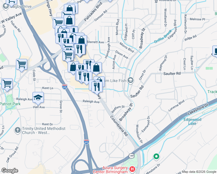 map of restaurants, bars, coffee shops, grocery stores, and more near 813 Columbiana Road in Birmingham