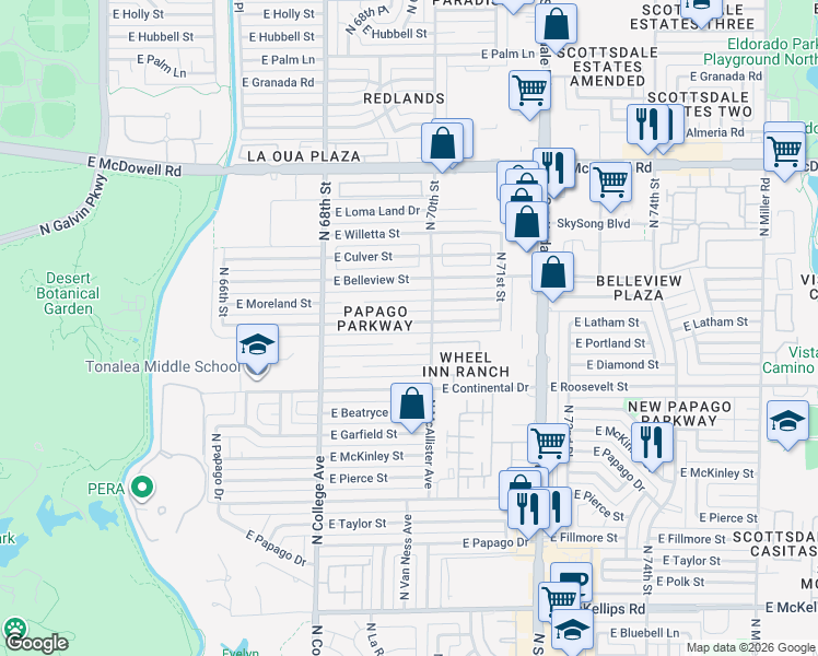 map of restaurants, bars, coffee shops, grocery stores, and more near 6931 East Latham Street in Scottsdale
