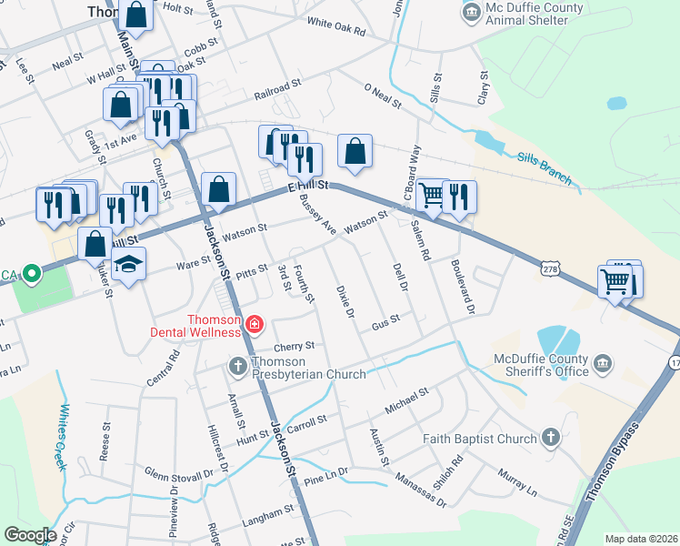 map of restaurants, bars, coffee shops, grocery stores, and more near 418 Dixie Drive in Thomson