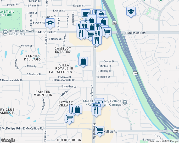 map of restaurants, bars, coffee shops, grocery stores, and more near 6730 East Hermosa Vista Drive in Mesa