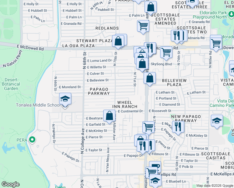 map of restaurants, bars, coffee shops, grocery stores, and more near 7013 East Latham Street in Scottsdale