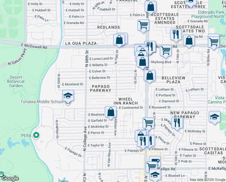 map of restaurants, bars, coffee shops, grocery stores, and more near 6931 East Latham Street in Scottsdale