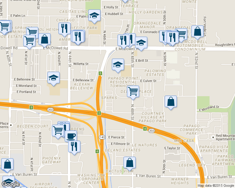 map of restaurants, bars, coffee shops, grocery stores, and more near 11 Highway Court Anne in Phoenix