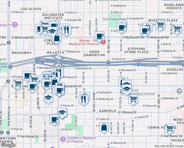 map of restaurants, bars, coffee shops, grocery stores, and more near 1118 North 11th Street in Phoenix