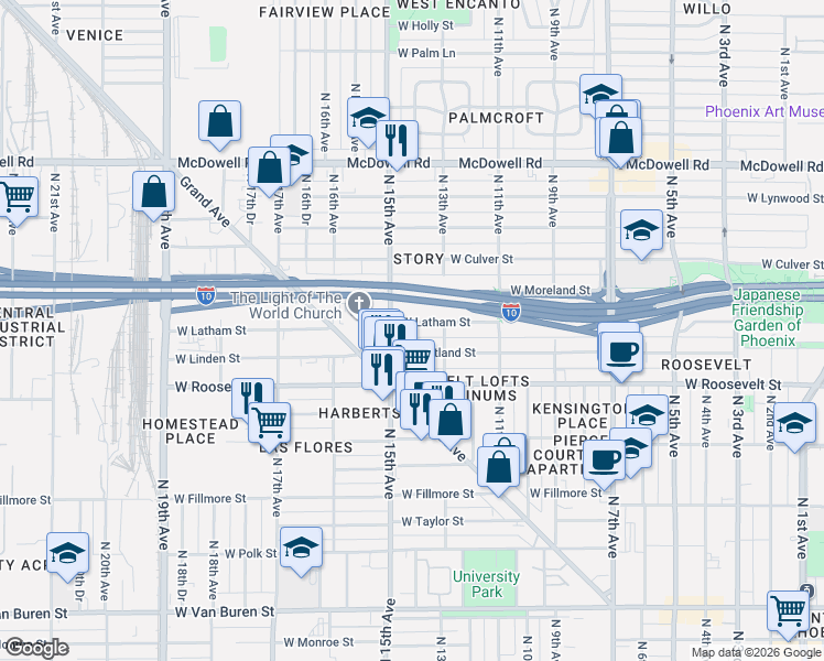 map of restaurants, bars, coffee shops, grocery stores, and more near 1329 West Latham Street in Phoenix