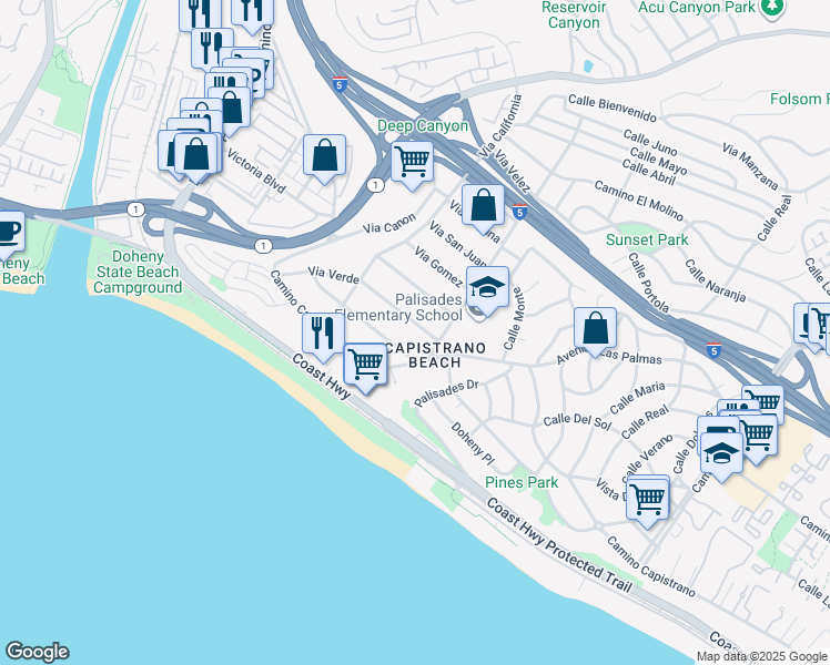 map of restaurants, bars, coffee shops, grocery stores, and more near 34626 Via Catalina in Dana Point