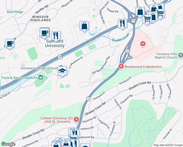 map of restaurants, bars, coffee shops, grocery stores, and more near 1966-1998 Shades Cliff Terrace in Birmingham