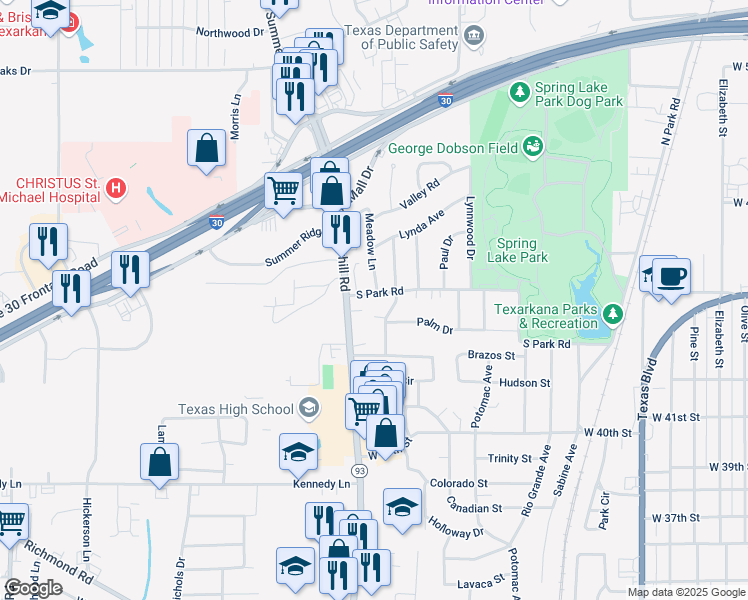 map of restaurants, bars, coffee shops, grocery stores, and more near 1715 South Park Road in Texarkana