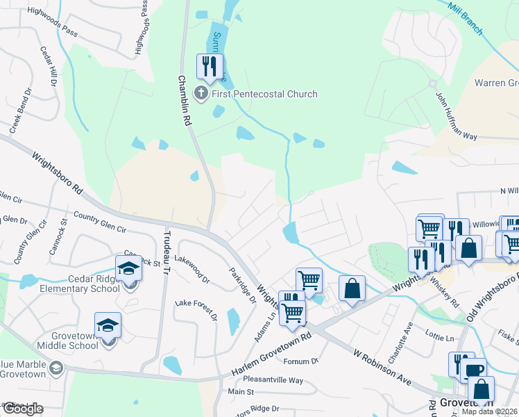 map of restaurants, bars, coffee shops, grocery stores, and more near 304 Brock Lane in Grovetown