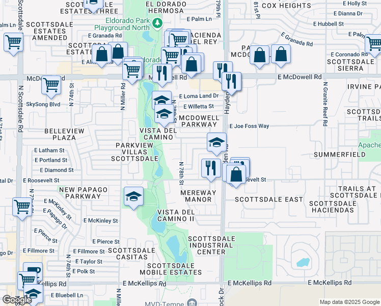 map of restaurants, bars, coffee shops, grocery stores, and more near 1120 North 78th Place in Scottsdale