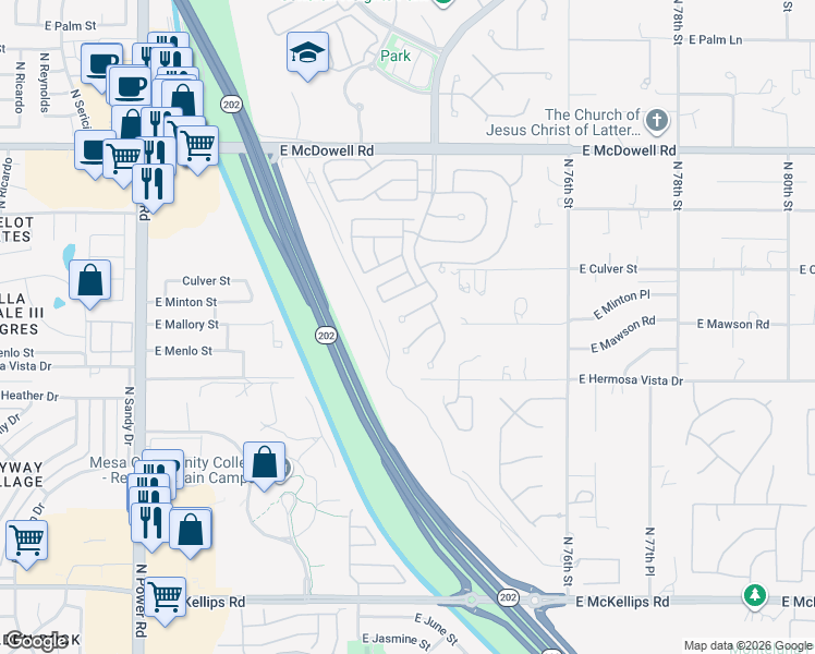 map of restaurants, bars, coffee shops, grocery stores, and more near 7307 East Minton Circle in Mesa