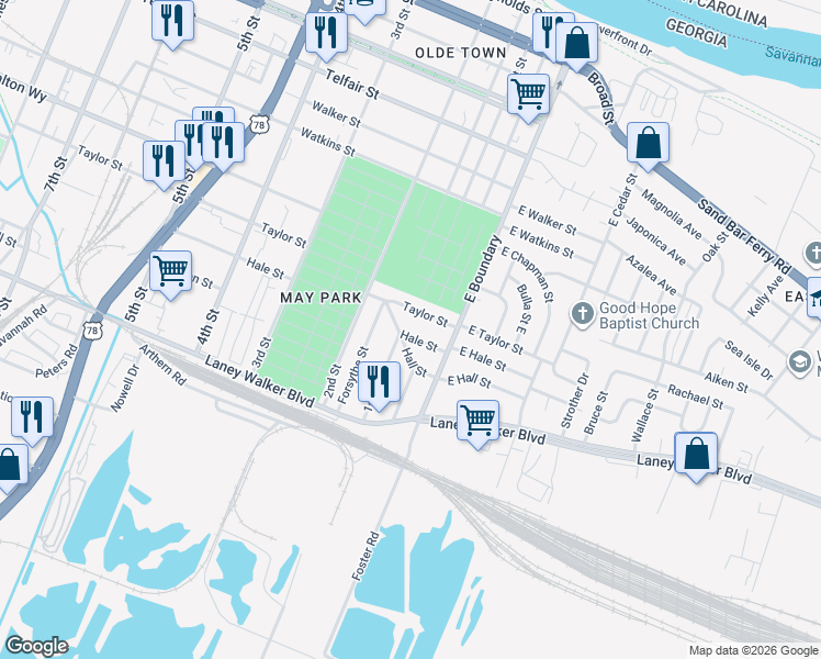 map of restaurants, bars, coffee shops, grocery stores, and more near 17 Hale St in Augusta