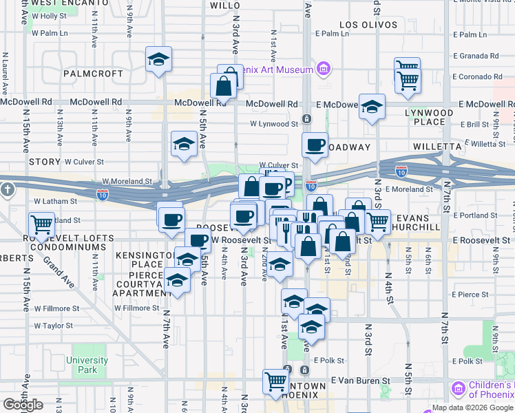 map of restaurants, bars, coffee shops, grocery stores, and more near 208 West Portland Street in Phoenix
