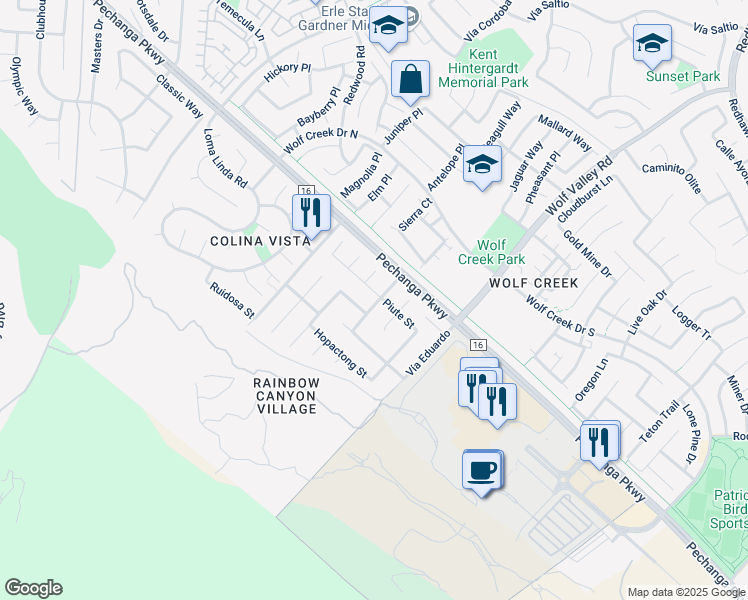 map of restaurants, bars, coffee shops, grocery stores, and more near 45711 Piute Street in Temecula