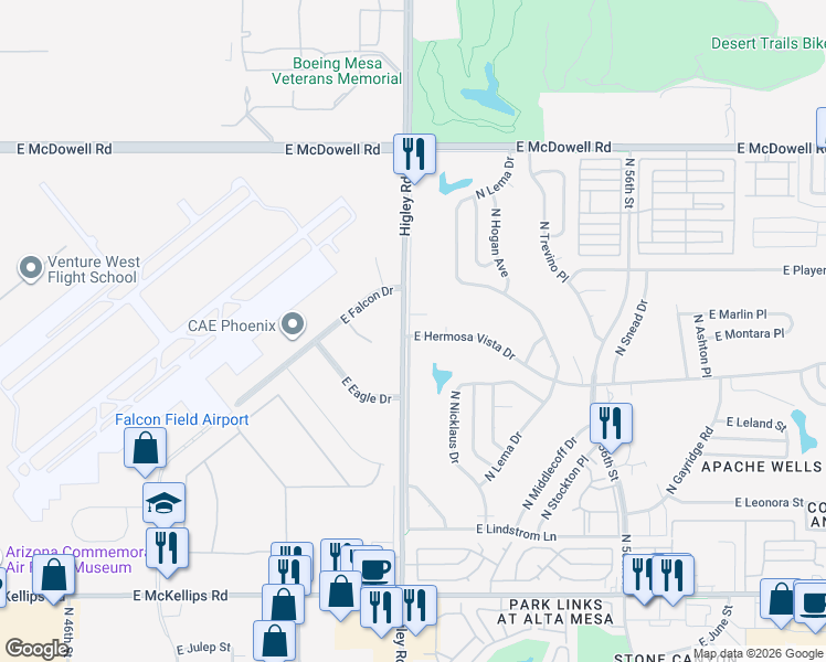 map of restaurants, bars, coffee shops, grocery stores, and more near 5210 East Hermosa Vista Drive in Mesa
