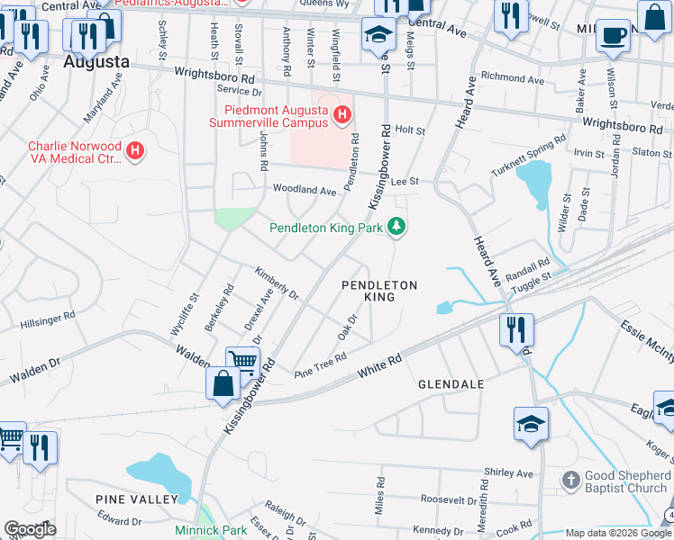 map of restaurants, bars, coffee shops, grocery stores, and more near 1706 Kissingbower Road in Augusta