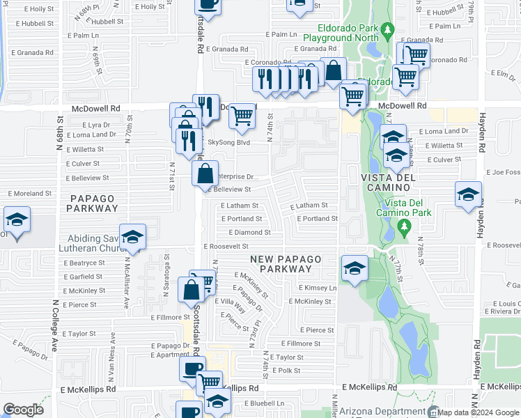 map of restaurants, bars, coffee shops, grocery stores, and more near 7325 East Latham Street in Scottsdale