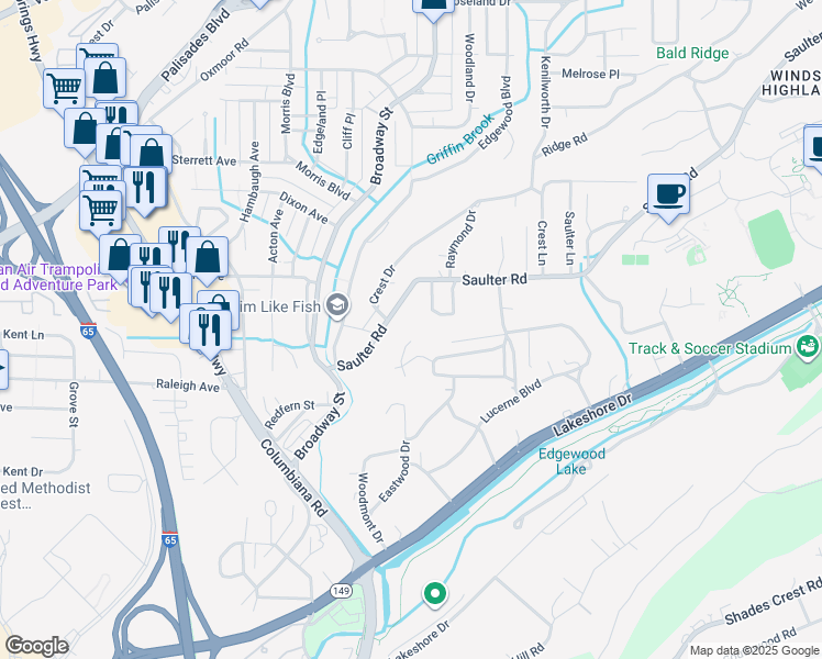 map of restaurants, bars, coffee shops, grocery stores, and more near 712 Zelda Place in Homewood