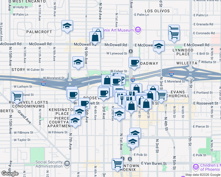 map of restaurants, bars, coffee shops, grocery stores, and more near 208 West Portland Street in Phoenix