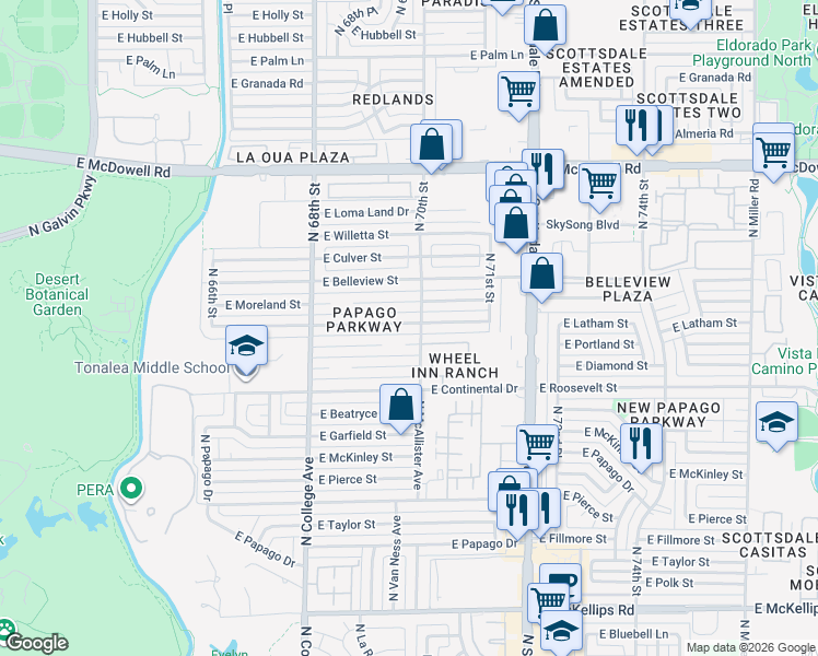 map of restaurants, bars, coffee shops, grocery stores, and more near 6931 East Latham Street in Scottsdale