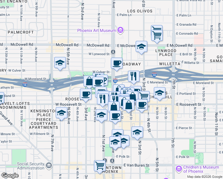 map of restaurants, bars, coffee shops, grocery stores, and more near 1102 North Central Avenue in Phoenix