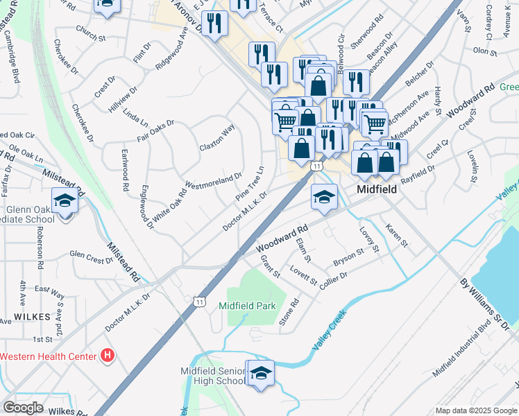 map of restaurants, bars, coffee shops, grocery stores, and more near 322 Birwood Avenue in Midfield