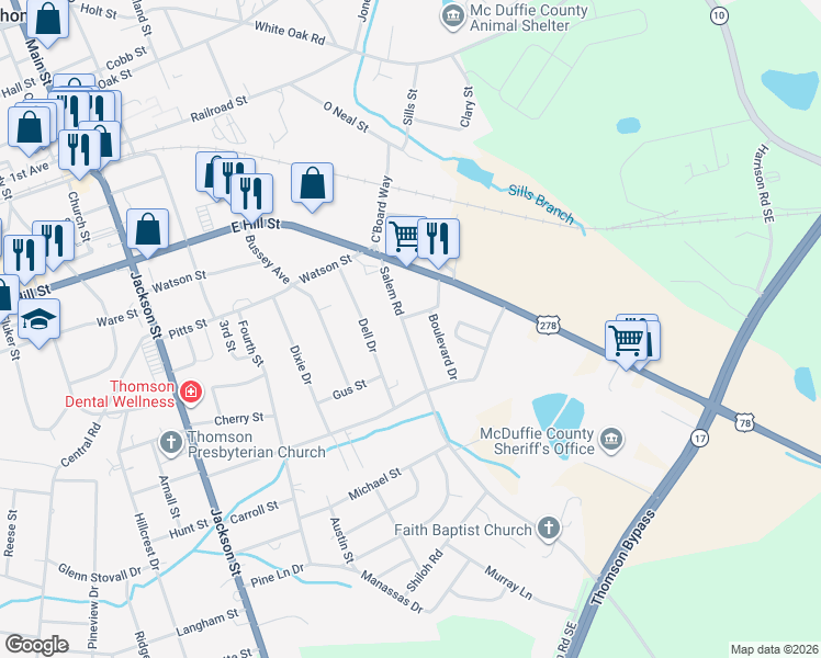 map of restaurants, bars, coffee shops, grocery stores, and more near 510A Salem Road in Thomson