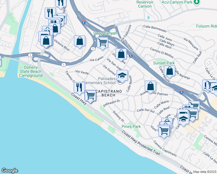 map of restaurants, bars, coffee shops, grocery stores, and more near 26411 Via Sacramento in Dana Point