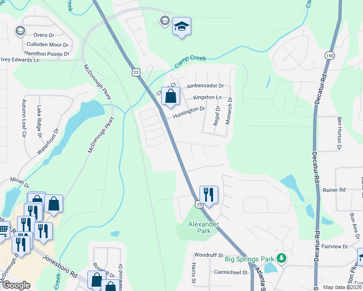 map of restaurants, bars, coffee shops, grocery stores, and more near 181 Cabriolet Trail in McDonough